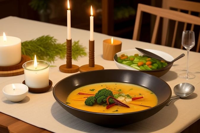 A serene dining setup promoting mindful eating, illustrating Ayurvedic digestion tips for better gut health